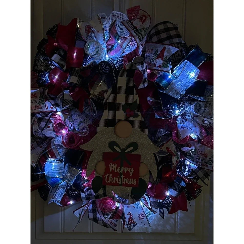 Handmade Merry Christmas Gnome Holiday Ribbon Door Wreath 22 ins W47